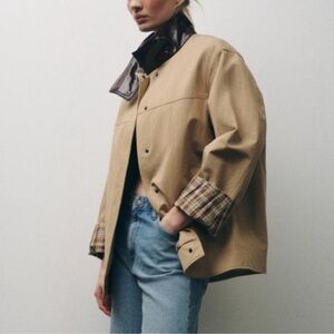 zara Women's Tan Jacket with Plaid Lining leather collar